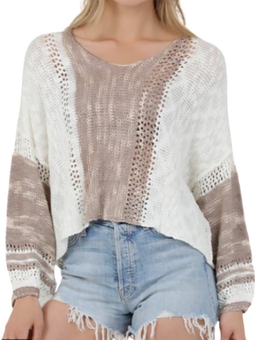 Angie Loose Knit Oversized Pullover Sweater Cropped V-neck Cream Tan Size S